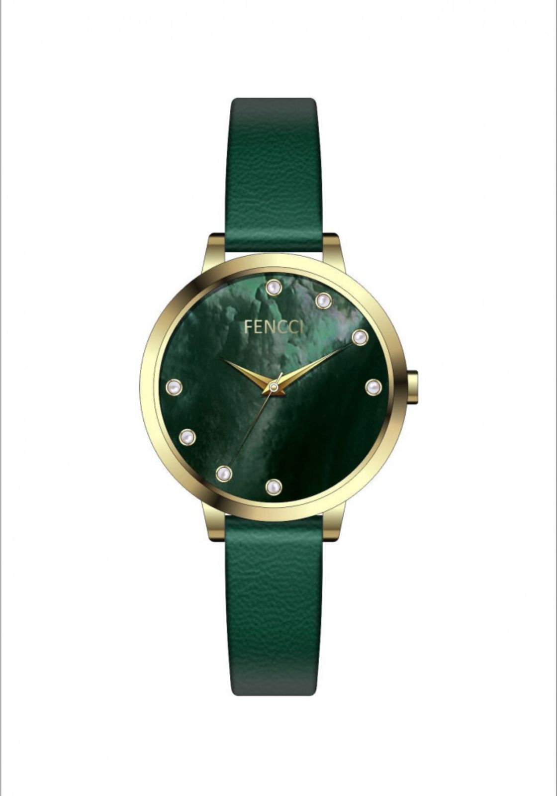 ساعة نسائية بسير رفيع من الجلد الأخضر ومينا باللون الأخضر الصدفي من فنشي